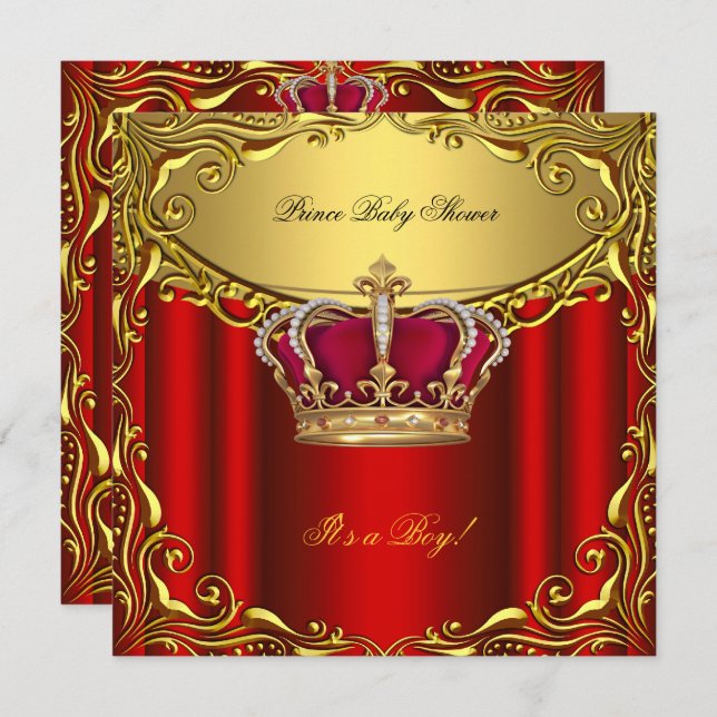 Eleganter Prince Baby Shower Regal Red Gold Boy Einladung (Vorne/Hinten)