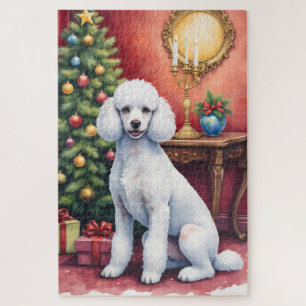 Eleganter Pudel neben Weihnachtsbaum Feiertags Hun Puzzle