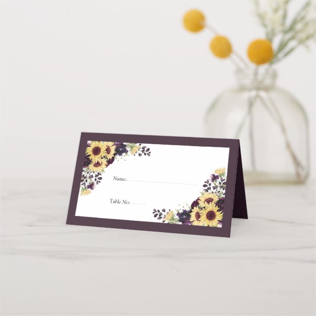 Eleganter Pum Lila Sunflower Watercolor Empfang Platzkarte (Vorderseite)