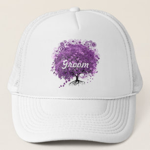 Eleganter Purpurherz-Blatt-Baum-Hochzeit Truckerkappe