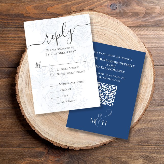 Eleganter QR Code Blaue Flora Klassische Speisen RSVP Karte (Classic RSVP card with elegant blue floral design with classic meal choice )