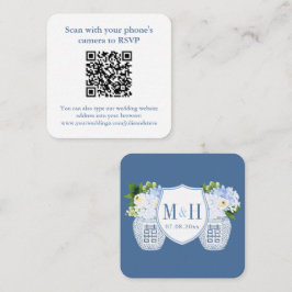 Eleganter QR Code Blue White Wedding RSVP Begleitkarte