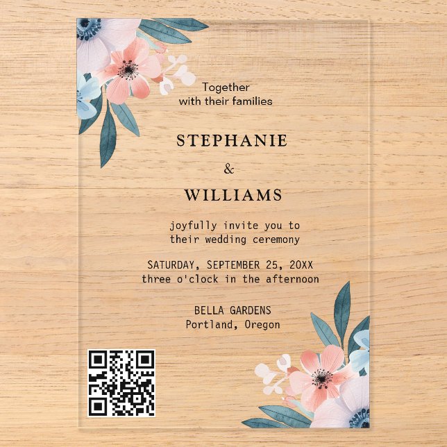 Eleganter Qr Code | Dusty Blue Floral Wedding Acryleinladungen (Vorderseite)