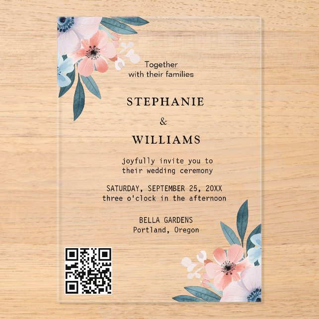Eleganter Qr Code | Dusty Blue Floral Wedding Acryleinladungen (Vorderseite)