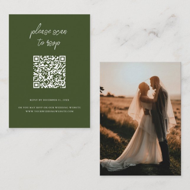 Eleganter QR Code Foto Olive Green Wedding RSVP Begleitkarte (Vorne/Hinten)