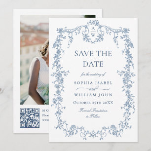 Eleganter QR-Code für Blue Toile Floral Wedding Save The Date