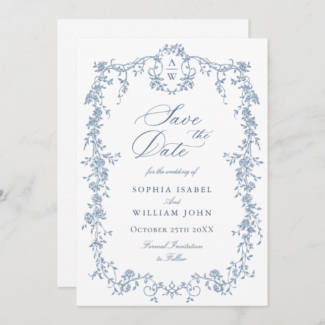 Eleganter QR-Code für Blue Toile Floral Wedding Save The Date (Vorne/Hinten)