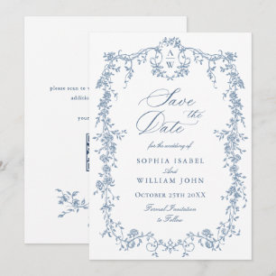 Eleganter QR-Code für Blue Toile Floral Wedding Save The Date