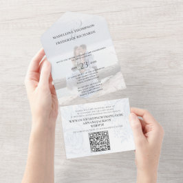 Eleganter QR-Code für Botanisches Simple Dusty Blu All In One Einladung