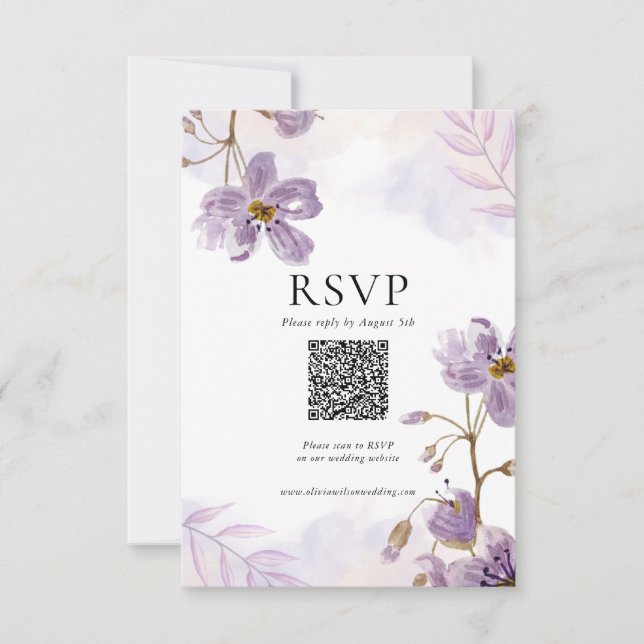 Eleganter QR-Code für Lila Blumenbehandlungen RSVP Karte (Vorderseite)