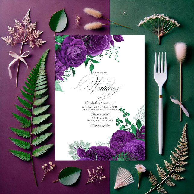 Eleganter QR-Code für Lila und grüne Blumenhochzei Einladung (Elegant Purple and Green Floral Wedding QR Code Invitation)