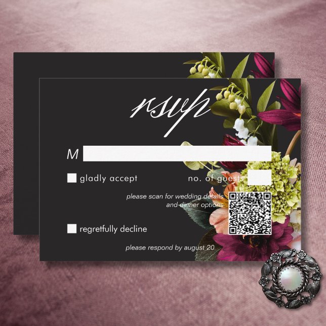 Eleganter QR-Code für Moody Burgundy & Pink RSVP Karte (Elegant Moody Burgundy & Pink Floral QR Code RSVP Card)