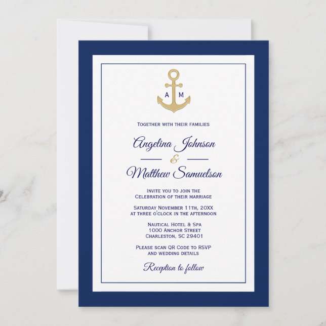 Eleganter QR-Code für Navy Blue Gold Nautical Wedd Einladung (Vorderseite)