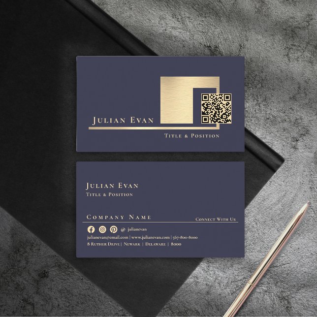 Eleganter QR-Code für Navy Blue und Gold Shiny Visitenkarte (Elegant Navy Blue and Gold Shiny Scannable QR code Business Card )