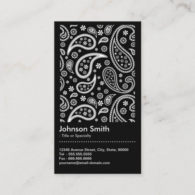 Eleganter QR-Code für Schwarz-Weiß-Paisley Visitenkarte (Vorderseite)