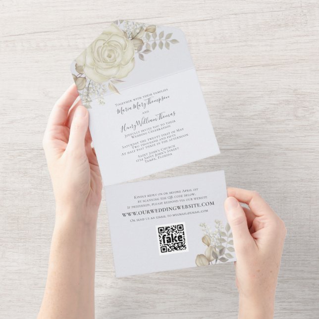 Eleganter QR-Code für Wasserfarben-Blumenblättrige All In One Einladung (Abreißen)