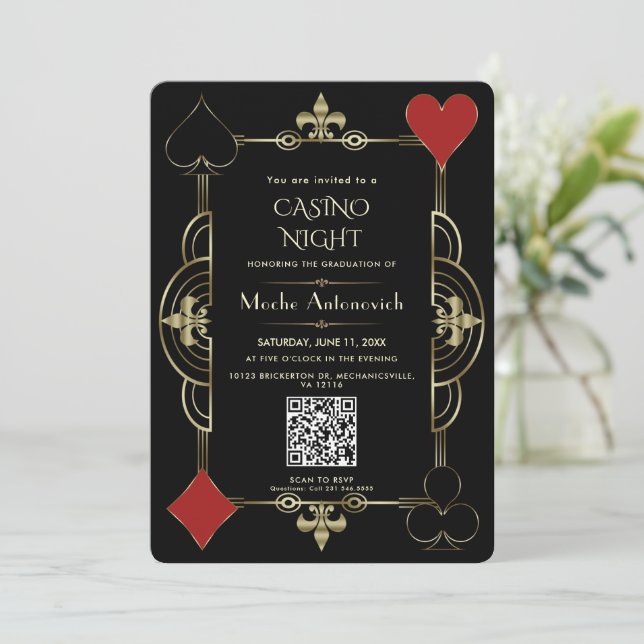 Eleganter QR Code Las Vegas Casino Night Abschluss Einladung (Stehend Vorderseite)