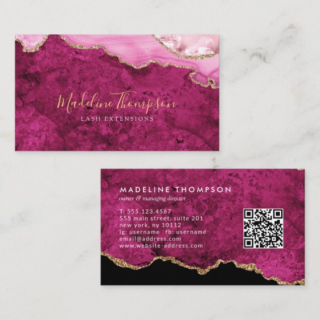 Eleganter QR-Code Magenta Pink Marmor Achat Geode Visitenkarte (Vorne/Hinten)