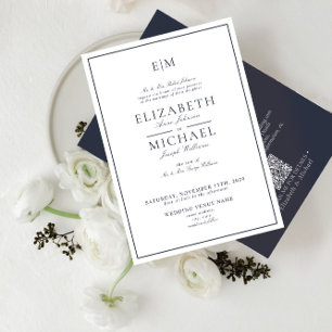 Eleganter QR Code Navy Blue Classic Monogram Weddi Einladung