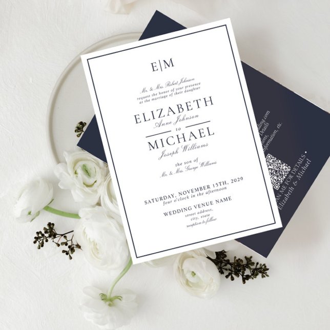 Eleganter QR Code Navy Blue Classic Monogram Weddi Einladung (Von Creator hochgeladen)