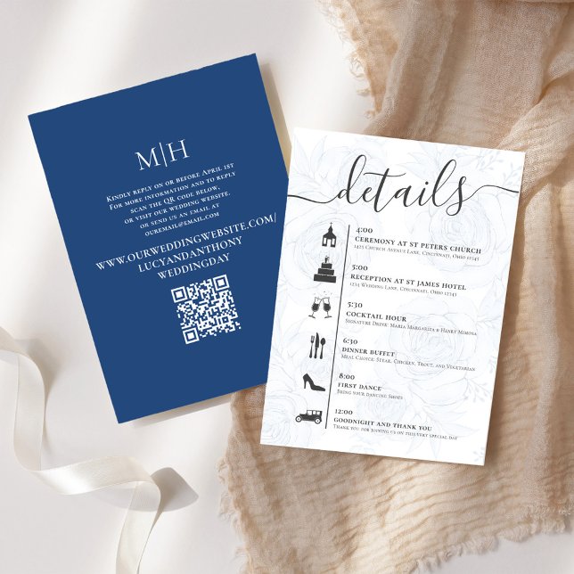 Eleganter QR Code Online UAWG Wedding Timeline Blu Begleitkarte (Wedding details card with a creative timeline with a scannable QR Code. )