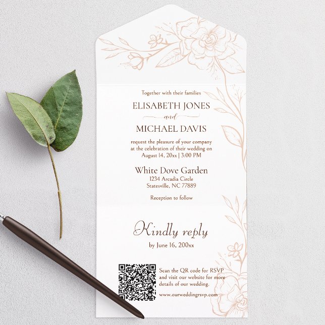 Eleganter QR Code Peach Wedding All In One Einladung (All-in-one wedding invitation with QR code to RSVP - Simplify and save time for you and your guests.)