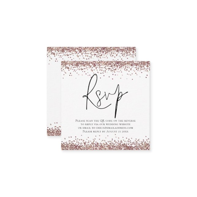 Eleganter QR Code Rose Gold Glitzer Wedding RSVP Begleitkarte (Vorderseite/Rückseite Beispiel)