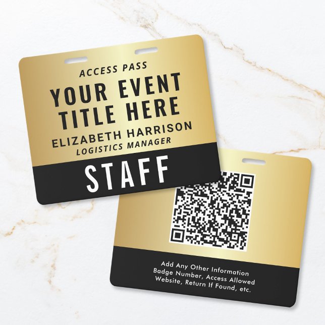 Eleganter QR-Code Schwarz Gold Event Zugangspass I Ausweis (Elegant QR Code Black Gold Event Access Pass ID Badge)