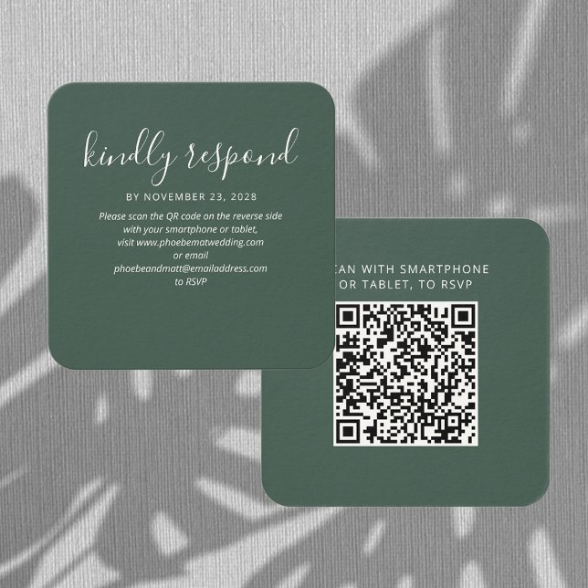 Eleganter QR Code UAWG and Wedding Website Card (Wedding RSVP QR Code Enclosure Rounded Corner Green Card)