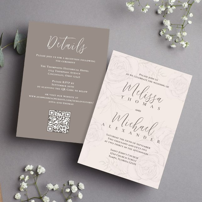 Eleganter QR Code UAWG Online Blush Bloral Einladung (Elegant wedding invitations with blush floral pattern and taupe with QR Code)