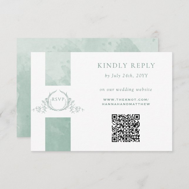 Eleganter QR Code UAWG Pale Green Monogram Wedding RSVP Karte (Vorne/Hinten)