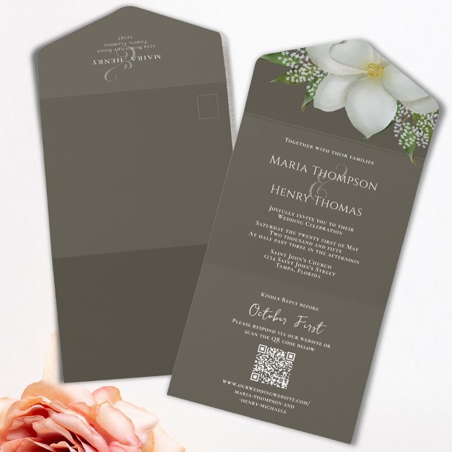 Eleganter QR Code UAWG Simple Online White Magnoli All In One Einladung (Elegant QR Code tri-fold magnolia all in one invitation invitation)
