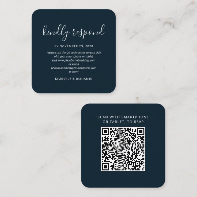Eleganter QR Code Wedding Response RSVP Card Quadratische Visitenkarte (Vorne/Hinten)