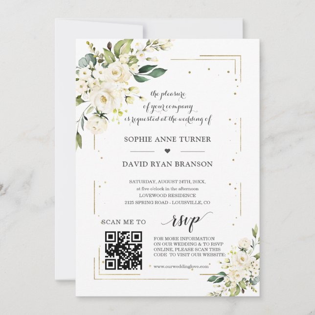 Eleganter QR Code White Blume Goldhochzeit Einladung (Vorderseite)