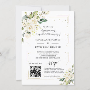 Eleganter QR Code White Blume Goldhochzeit Einladung