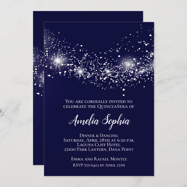 Eleganter Quinceañera Glitzer Navy Blue Invites (Vorne/Hinten)