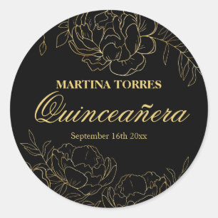 Eleganter Quinceanera-Schwarz-Gold-Blumenaufkleber Runder Aufkleber