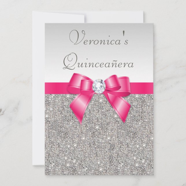 Eleganter Quinceñera Silver Sequins Hot Pink Bow Einladung (Vorderseite)