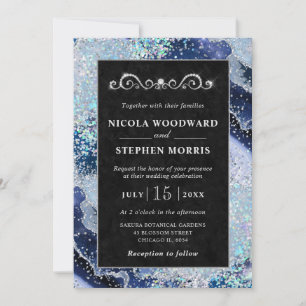 Eleganter Rahmen Blau- und Silber-Achat Hochzeit Einladung