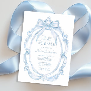Eleganter Rahmen + Blue Bow Baby Shower Einladung