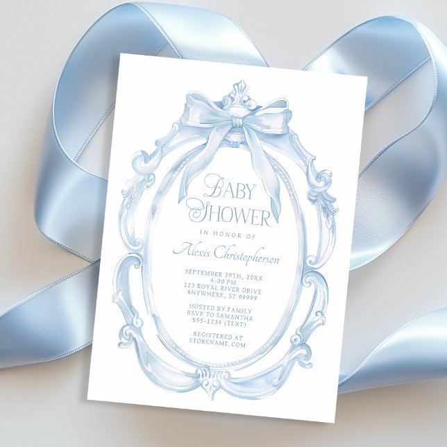 Eleganter Rahmen + Blue Bow Baby Shower Einladung (Shown on a 5" x 7" card)