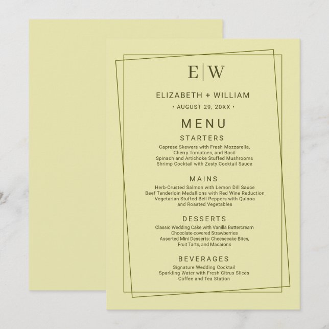 Eleganter Rahmen für die Himmelsgelbe Monogramm-Ho Menükarte (Vorne/Hinten)