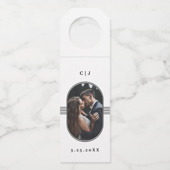 Eleganter Rahmen | Schwarz-Weiß-Foto-Hochzeit Flaschenanhänger (Vorderseite)