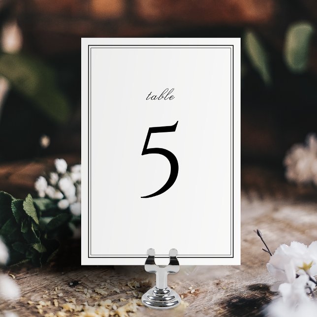 Eleganter Rahmen Schwarz-Weiß minimalistische Hoch Tischnummer (Elegant borders black & white minimalist wedding table number)