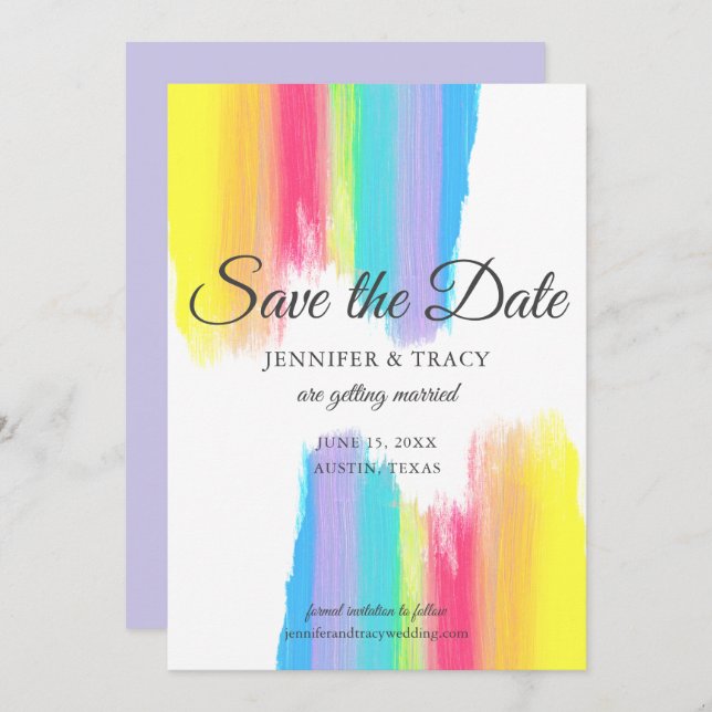 Eleganter Rainbow Watercolor LGBTQ Wedding Lavende Save The Date (Vorne/Hinten)