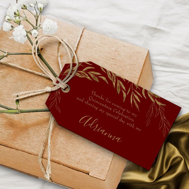 Eleganter Red and Gold Leaf Gefallen Geschenkanhänger (Red favor gift tags from my Gold Leaf Quinceanera Collection)