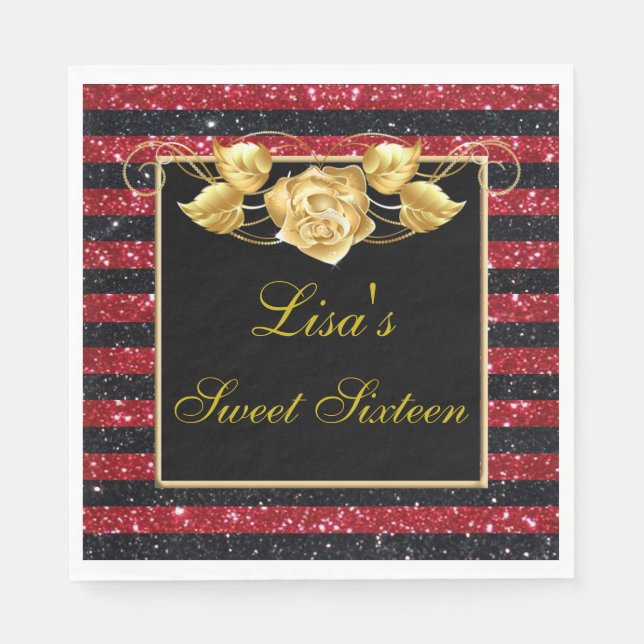 Eleganter Red Black Glitzer Gold Rose Sweet 16 Serviette (Vorderseite)
