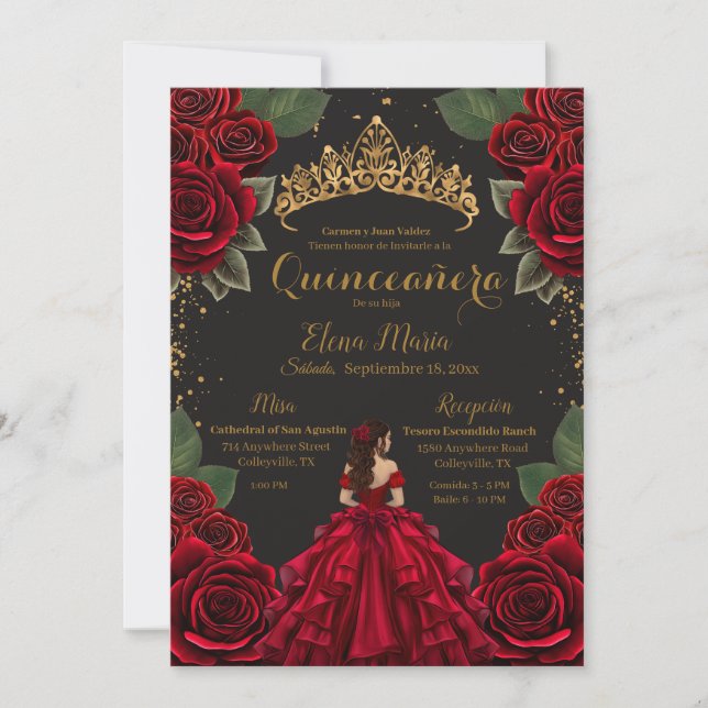 Eleganter Red Black Quinceñera Rose Gold Glitzer Einladung (Vorderseite)