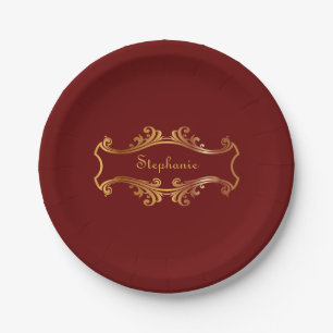 Eleganter Red Burgundy Maroon Personalisiert Chic Pappteller