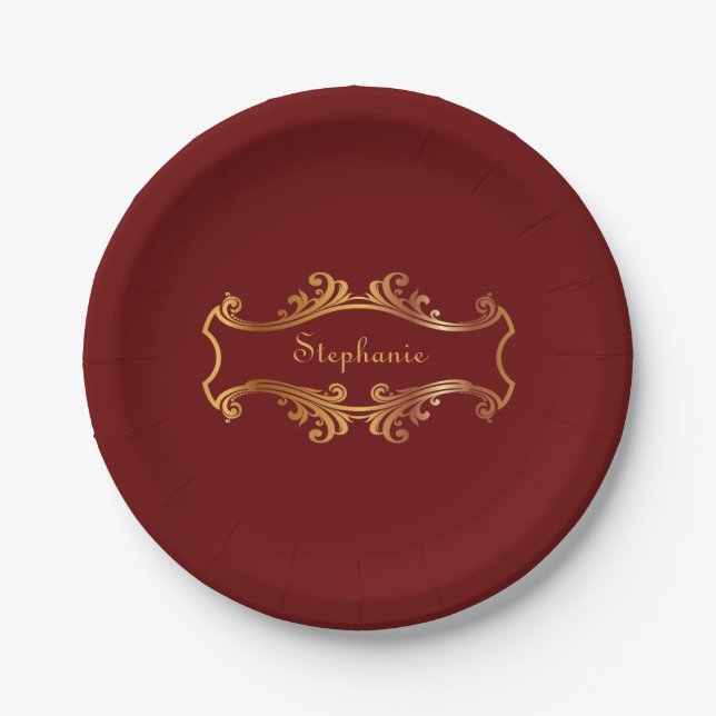 Eleganter Red Burgundy Maroon Personalisiert Chic Pappteller (Vorderseite)